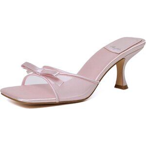 Women's Pink Round Toe Heels With Bow Vintage Mules Sexy Slip on Stiletto